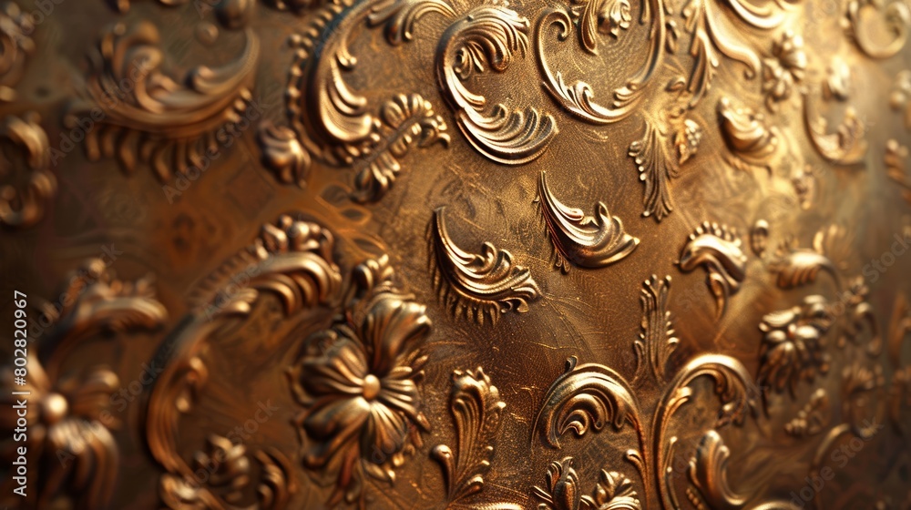 Elegant shot of an embossed bronze texture, capturing the subtle interplay of shadows and highlights within the ornate patterns, enhancing its visual appeal