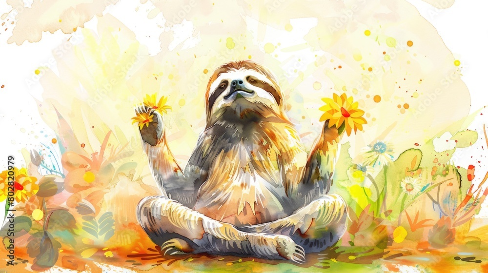 Fototapeta premium Cute sloth holding a flower, perfect for nature lovers