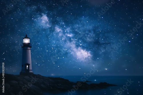 A solitary lighthouse pierces the darkness with a resolute beam, casting light against a star-studded night sky.