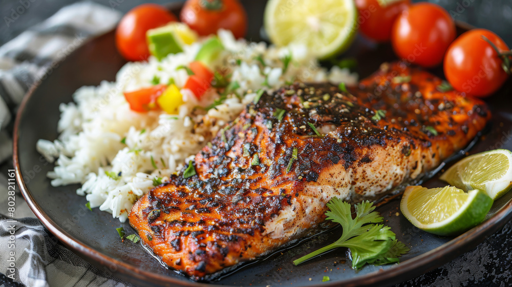 Spicy jerk chicken served with fluffy white rice, fresh tomatoes, zesty lime, and parsley presented on a dark, rustic plate Spicy jerk chicken served with fluffy white rice, fresh tomatoes, zesty lime, and parsley presented on a dark, rustic plate