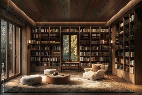 monochromatic color palette, wooden accents, minimalist library reading nook