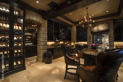 A sophisticated wine cellar with climate-controlled storage, tasting area, and elegant decor. photo