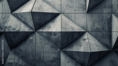 a gray wall adorned with a variety of geometric shapes, including triangles, squares, and rectangle