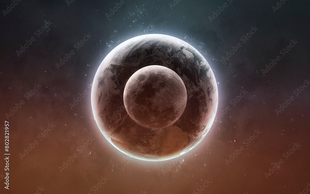 3D illustration of Earth and Moon. High quality digital space art in 5K - realistic visualization