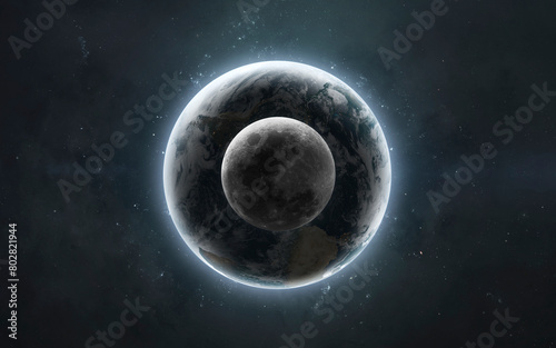 3D illustration of Earth and Moon. High quality digital space art in 5K - realistic visualization (ID: 802821944)