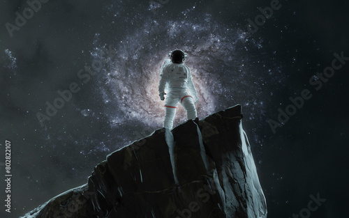 3D illustration of astronaut and realistic galaxy in deep space. High quality digital space art in 5K - realistic visualization (ID: 802822107)