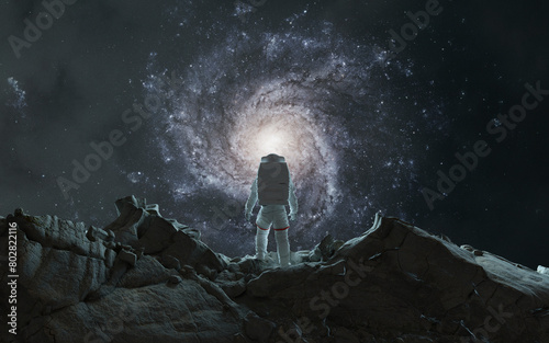 3D illustration of astronaut and realistic galaxy in deep space. High quality digital space art in 5K - realistic visualization (ID: 802822116)