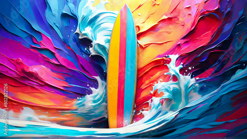 Vibrant Surfboard Amidst Abstract Background, Colors Dancing in Harmonious Symphony of Light and Shadow, Dynamic Coastal Scene