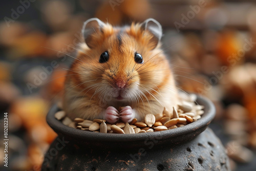 A chubby hamster stuffing its cheeks with sunflower seeds from a overflowing bowl. photo