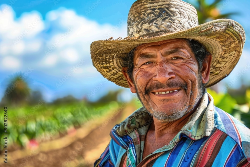 A man in a straw hat smiling at the camera. Suitable for various projects