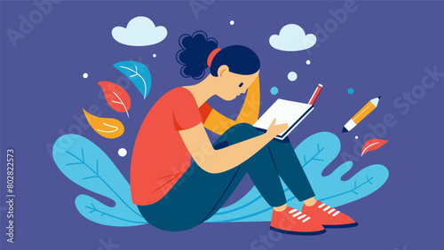 A person writing in a journal using it as a form of emotional release and processing their anxious feelings.. Vector illustration