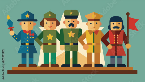 A display of handmade wooden figurines showcasing different branches of the military and their courageous acts serve as a reminder of those who have. Vector illustration