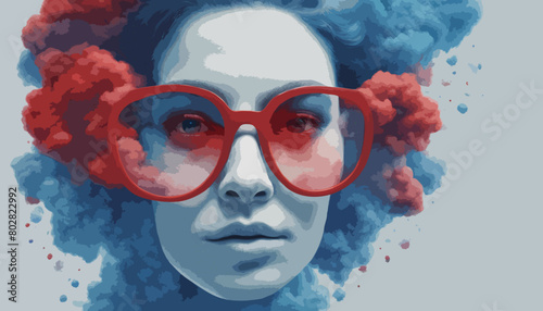 Junge Frau mit großer, blauer Sonnenbrille. Die roten Haare stehen vom Kopf ab und sehen aus, wie Wolken.