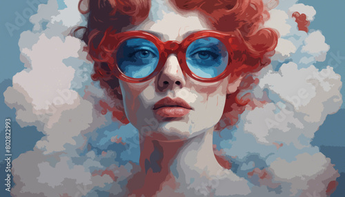 Junge Frau mit großer, blauer Sonnenbrille. Die roten Haare stehen vom Kopf ab und sehen aus, wie Wolken.