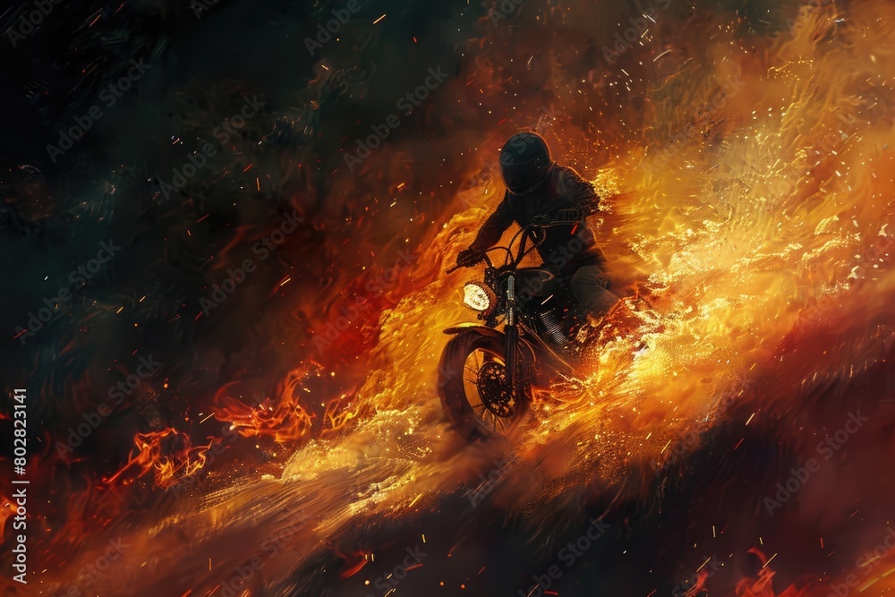 Action shot of a man riding a motorcycle on a fiery trail. Perfect for adventure and extreme sports concepts Action shot of a man riding a motorcycle on a fiery trail. Perfect for adventure and extreme sports concepts