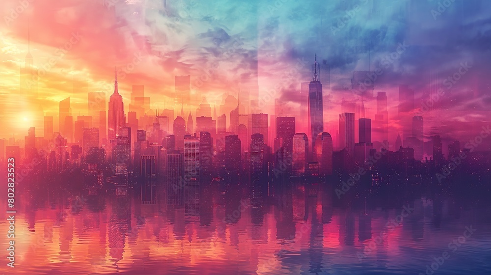 Dynamic cityscape with skyscrapers silhouetted against a colorful sunset