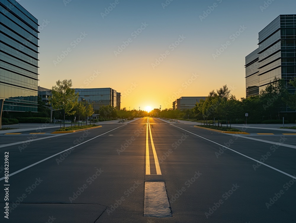 A serene sunset scene with the sun descending between modern office buildings on a quiet street.