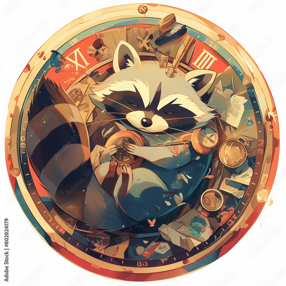Naklejka premium cute raccoon inside a clock