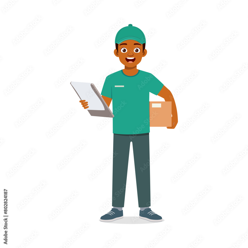 young courier man holding package and clipboard young courier man holding package and clipboard