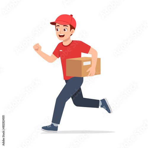 young delivery man holding package and run