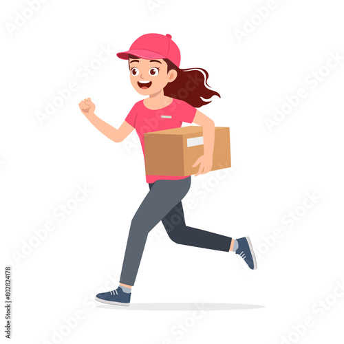 young delivery woman holding package and run