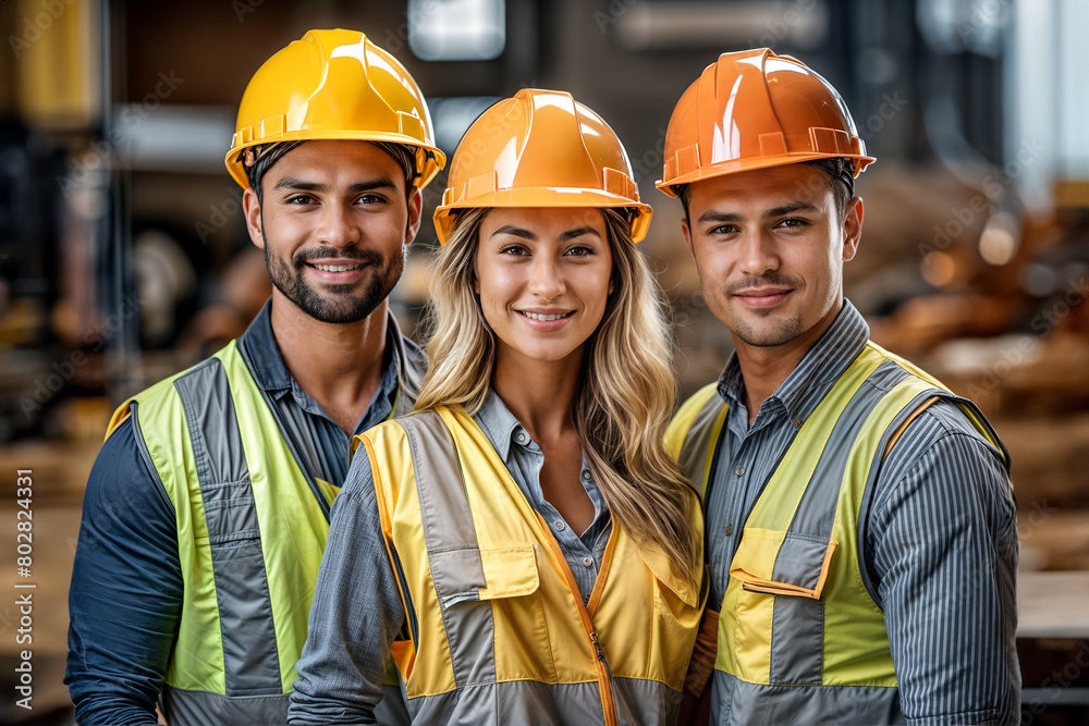 A group of three construction workers stands in yellow vests and protective helmets A group of three construction workers stands in yellow vests and protective helmets