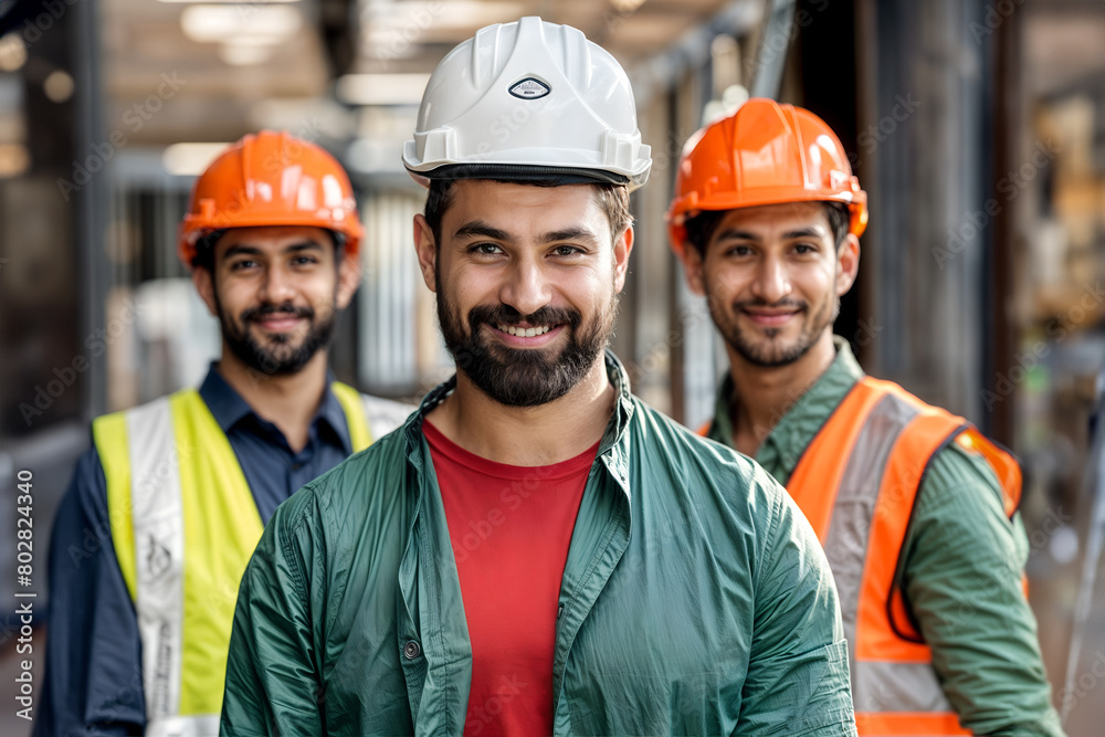 Three construction workers are standing next to each other, wearing protective helmets on their heads. The man in the foreground is smiling.