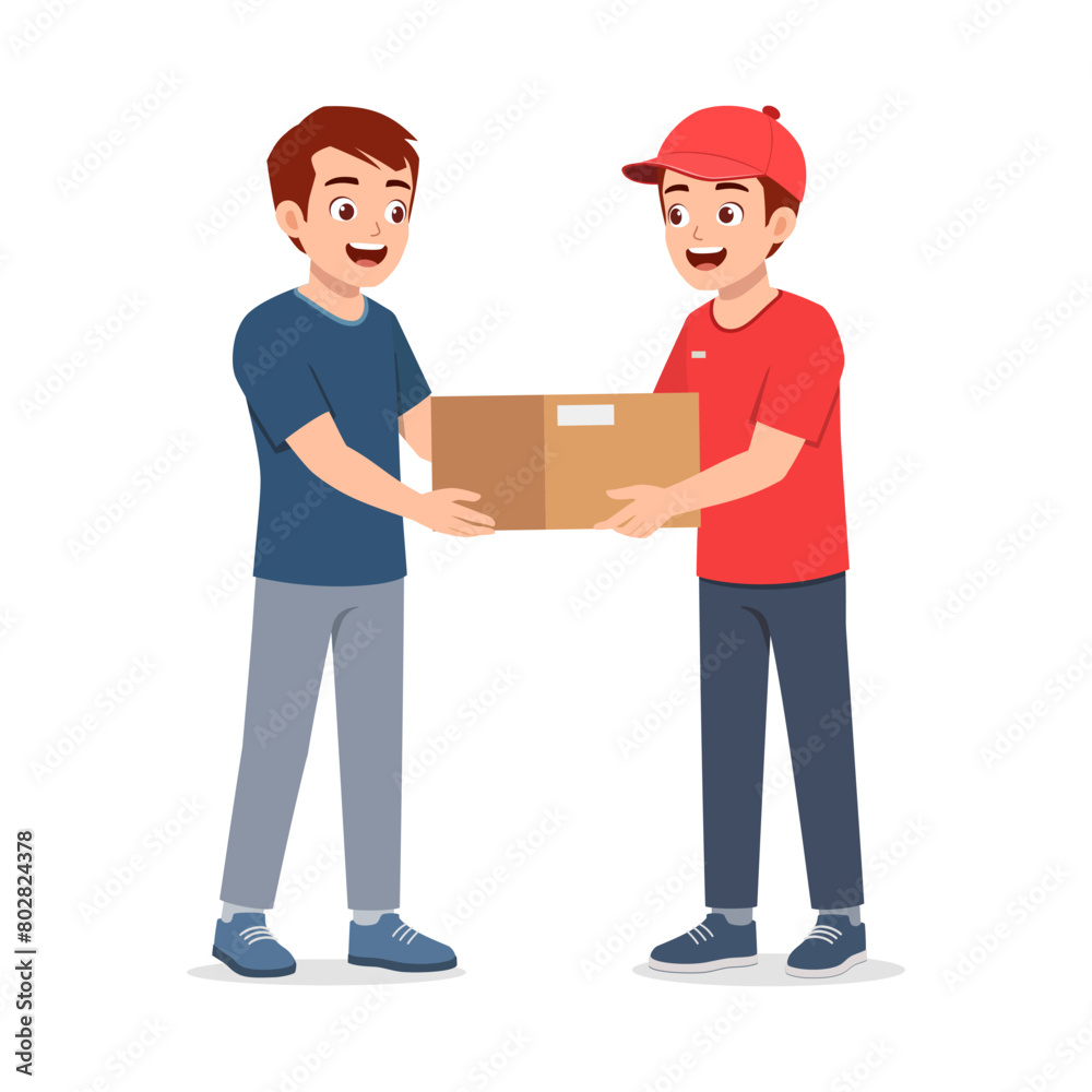 young delivery man give the package to customer young delivery man give the package to customer