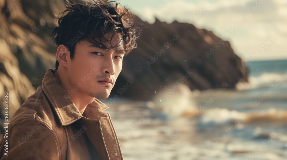 Handsome korean young man in the beach of ocean Handsome korean young man in the beach of ocean