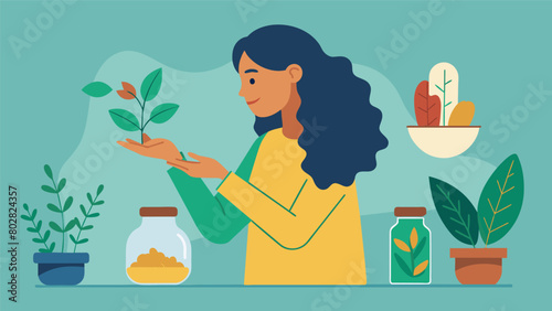 A woman carefully inspecting the origins of the herbs and es in the bulk section to ensure they are sustainably sourced.. Vector illustration