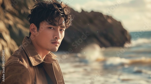 Handsome korean young man in the beach of ocean photo