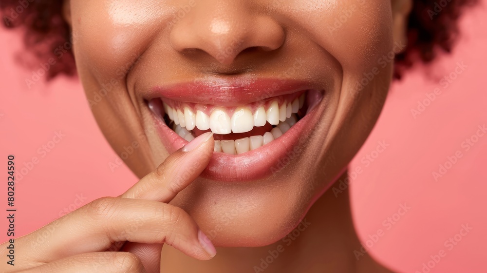 Obraz premium a woman points her finger at her teeth --ar 16:9 --style raw Job ID: 310fc762-c3da-45a8-8816-f6f4eed33f2a