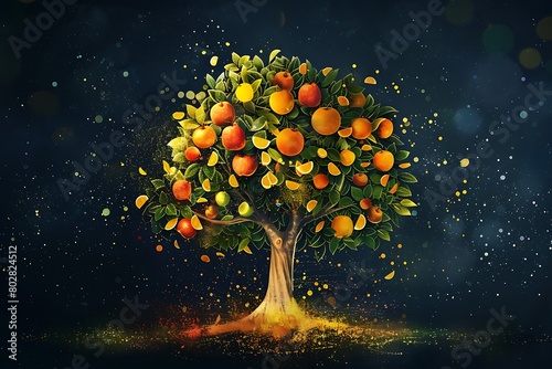 A stylized tree with stylized fruit labeled with key brand attributes, emphasizing the cultivation of a strong brand identity. photo