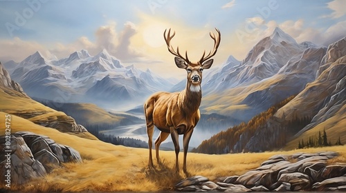 oil paint art of deer on among beautiful mountain at sunny background © Vishani 