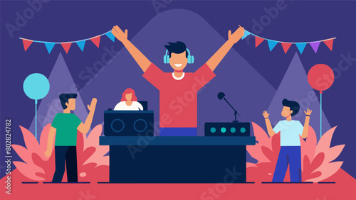 A DJ spinning tunes on a makeshift stage while partygoers dance and raise their glasses to celebrate Independence Day.. Vector illustration