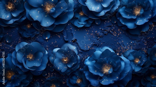 Blue roses and gold glitter background