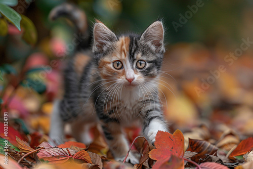 A playful calico kitten frolicking among a pile of fallen autumn leaves, tail held high in delight. © shafiq