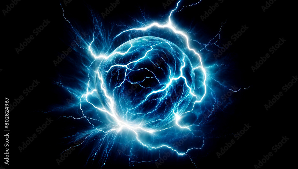 Blue and White Energy Orb with Lightning on a Dark Background Blue and White Energy Orb with Lightning on a Dark Background