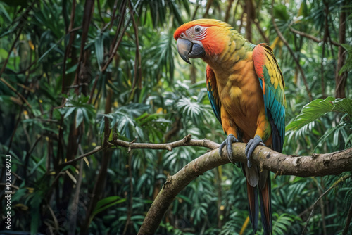Bellezza tropicale- Parrocchetto posato nella vegetazione della giungla photo