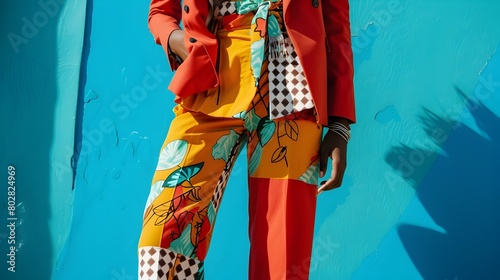 Vibrant Mismatched Fashion Ensemble with Bold Patterns and Contrasting Colors
