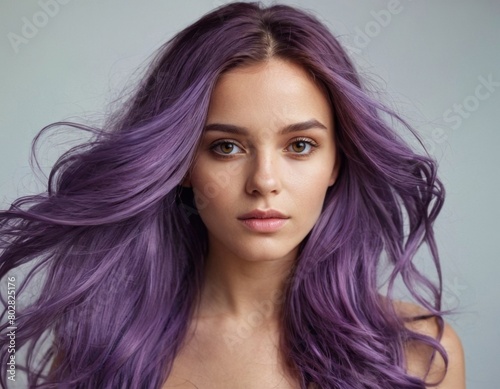Young woman with lavender hairstyle.