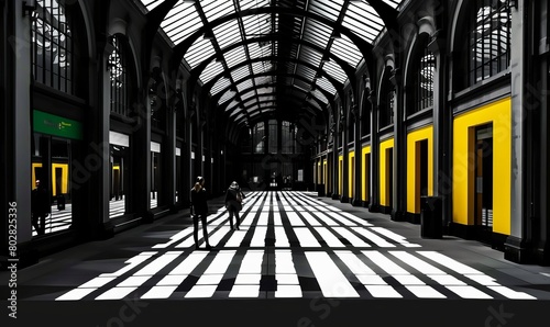 a striking black and white photograph of a grand, historic train station with a checkered floor, arched glass ceiling, and a lone yellow train car