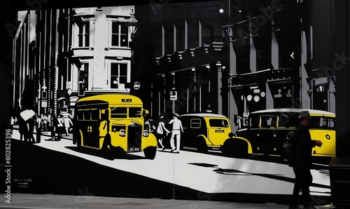 a busy city street in black and white with yellow buses and cars driving on the road, while pedestrians walk on the sidewalk. 