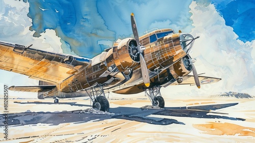 Artistic watercolor depicting the Boeing Model 247 against a backdrop of a white desert under a sunlit sky, evoking the excitement of 1930s air travel