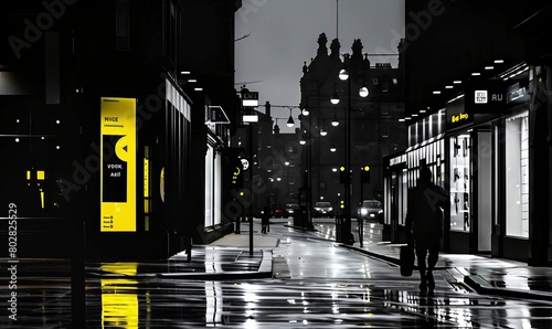 a rainy night street scene in a city, with wet pavements reflecting the lights of the buildings.