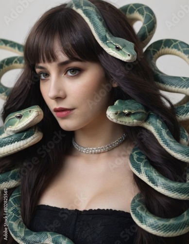 Brunette with snakes in her hair.