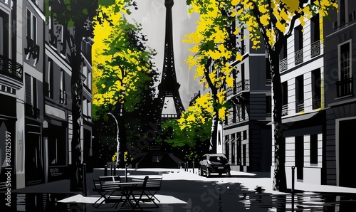 a charming Parisian street with the Eiffel Tower visible in the distance. The street is lined with tall buildings, and vibrant yellow trees add a striking contrast to the scene, suggesting it is autum