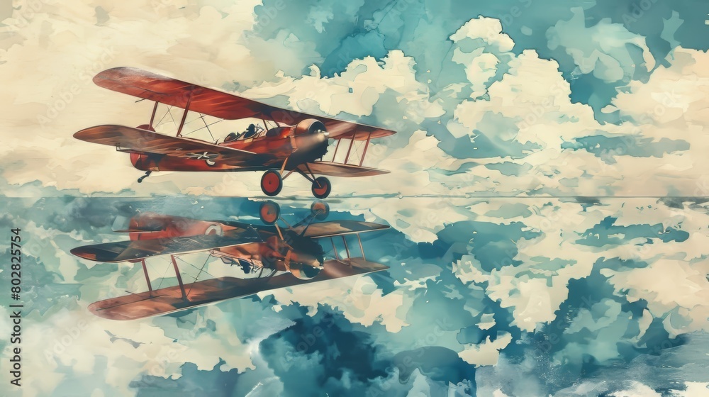Artistic watercolor of a Fokker Dr.I triplane gliding above a serene lake, its reflection mingling with fluffy white clouds in the water below Artistic watercolor of a Fokker Dr.I triplane gliding above a serene lake, its reflection mingling with fluffy white clouds in the water below