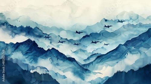 Artistic watercolor of a formation of fighter jets flying over a mountain range, the bold lines and cool hues showcasing the majesty of flight