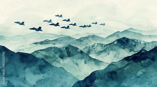 Artistic watercolor of a formation of fighter jets flying over a mountain range, the bold lines and cool hues showcasing the majesty of flight photo